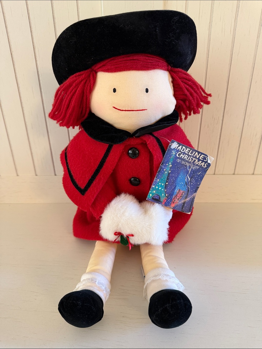 Vintage Madeline Plush Doll with Red Coat, Fur Muff and Christmas Storybook Tag